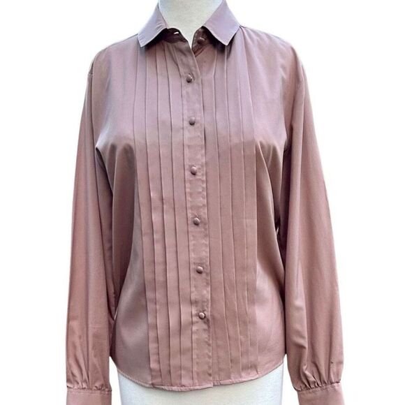 Vintage Josephine Salmon Pink Pleated Button-Up Blouse Size 12 - Picture 8 of 10